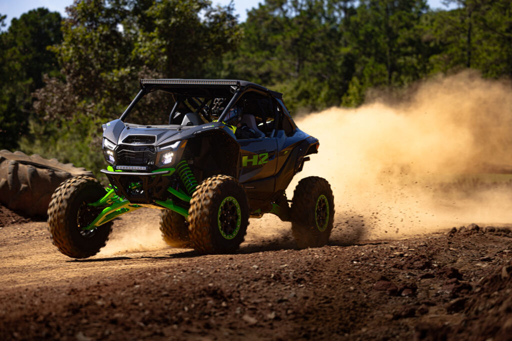 2027 Kawasaki TERYX H2 LIMITED eS ripping around Durhamtown’s Turbo Track during testing.