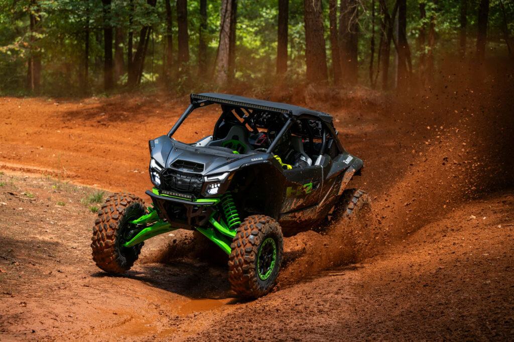 2027 Kawasaki TERYX H2 LIMITED eS squaring off a tight turn during testing.