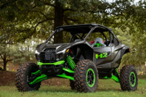 Front three-quarter view of the 2027 Kawasaki TERYX H2 LIMITED eS during testing.