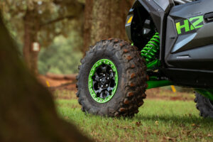 2027 Kawasaki TERYX H2 LIMITED eS 33-inch Maxxis Carnivore Plus tire and 16-inch aluminum beadlock wheel.