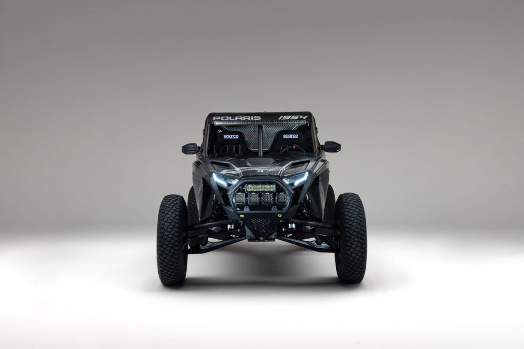 Front view of the Polaris RZR Pro R Factory Boost desert racing side-by-side.