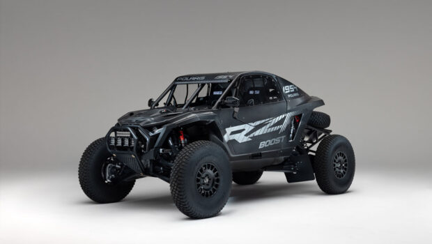 Three-quarter front view of the Polaris RZR Pro R Factory Boost with carbon fiber race bodywork.