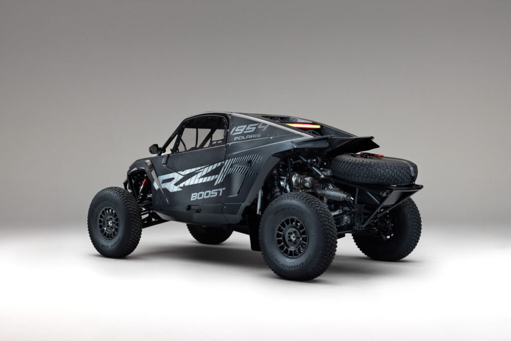 Three-quarter rear view of the Polaris RZR Pro R Factory Boost race machine.