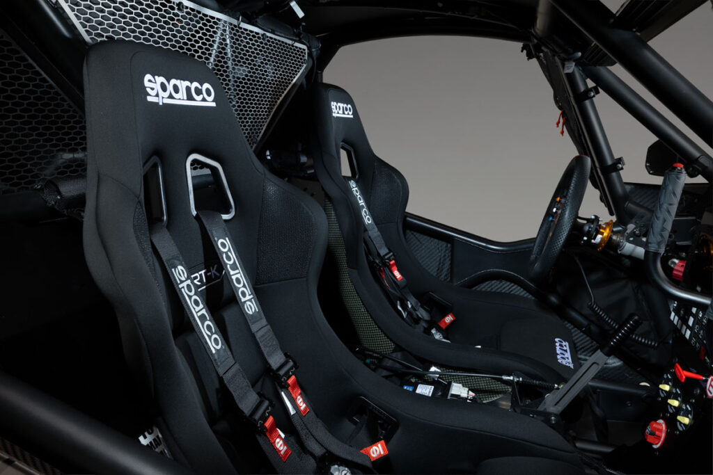 Interior seating and cockpit area of the Polaris RZR Pro R Factory Boost race vehicle.