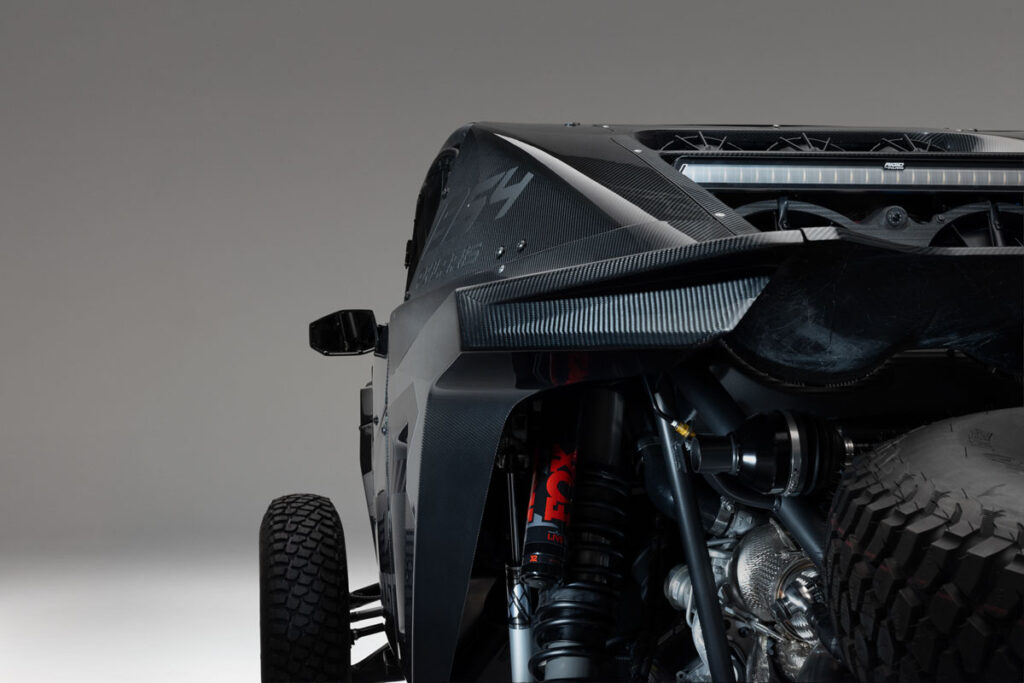 Close-up of the rear DYNAMIX DV Live Valve suspension shock on the Polaris RZR Pro R Factory Boost.
