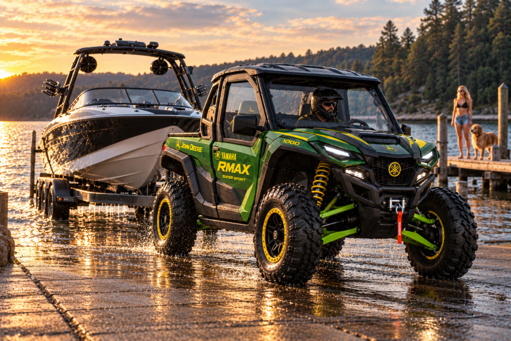 Yamaha RMAX Super Sport concept UTV pulling a large boat and trailer up a lakeside boat ramp.