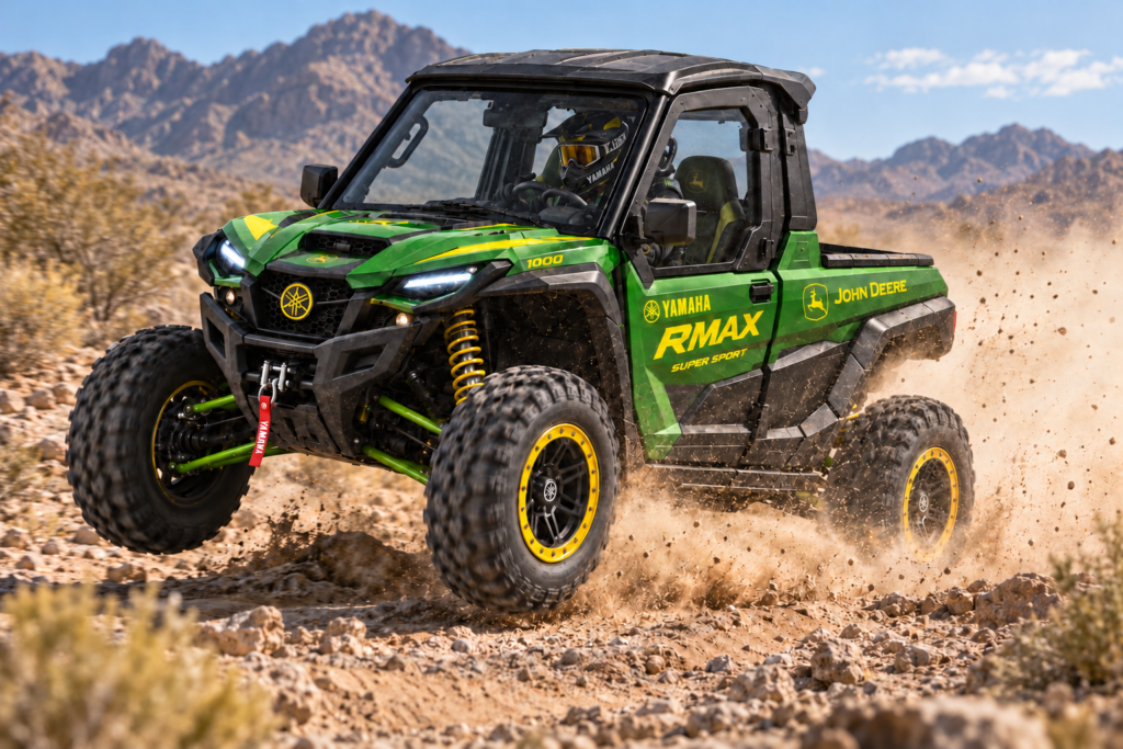Yamaha RMAX Super Sport concept UTV catching air while driving through desert terrain.