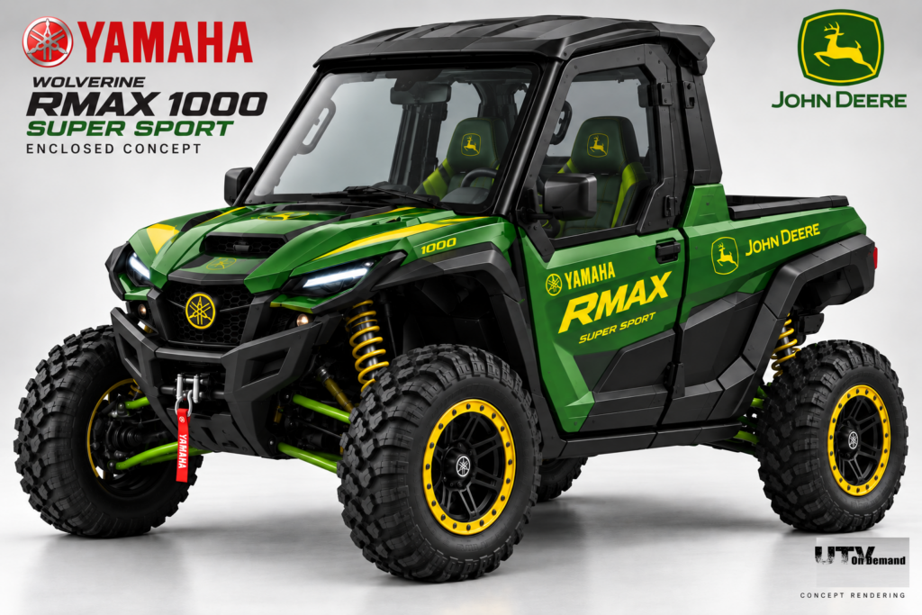 Yamaha RMAX Super Sport concept UTV shown in a studio-style three-quarter view with enclosed cab, wide stance, beadlock wheels, and yellow accents.